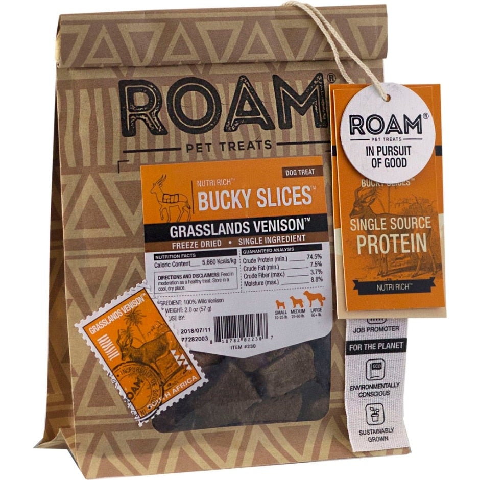 Roam Pet Treats, Roam Bucky Slices Grasslands Hirschfleisch gefriergetrocknet