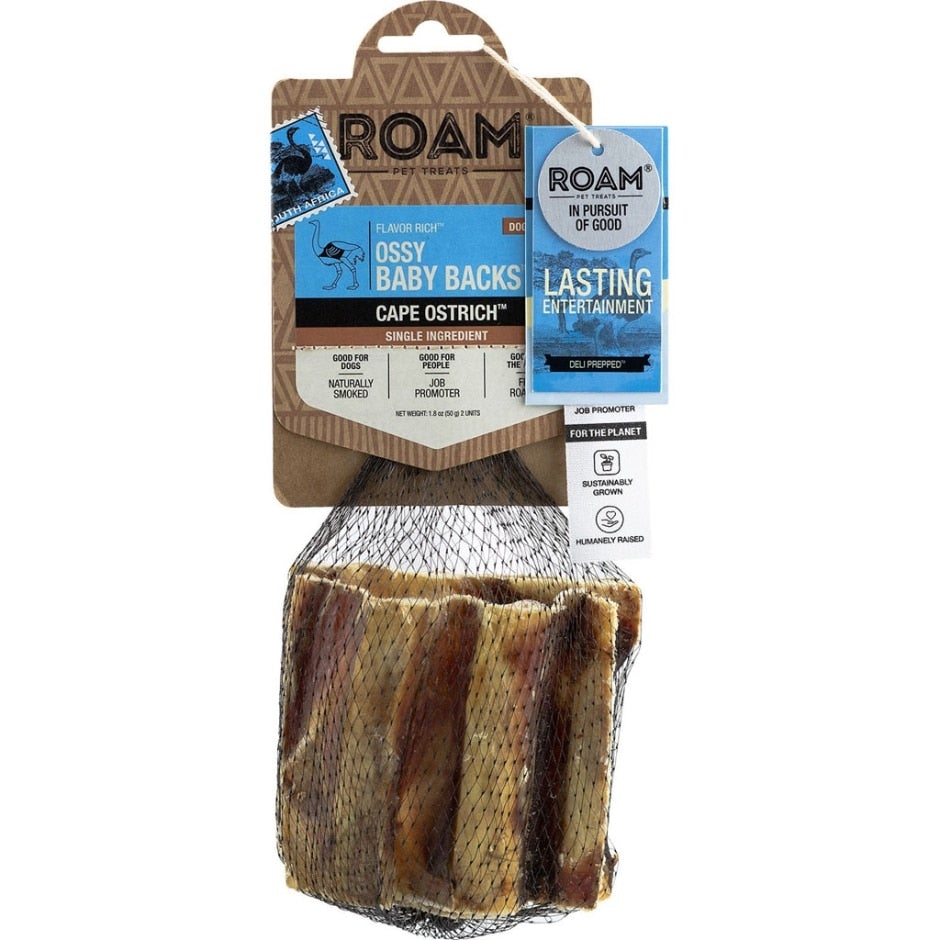 Roam Pet Treats, Roam Ossy Baby Backs Cape Strauß Hundeleckerli