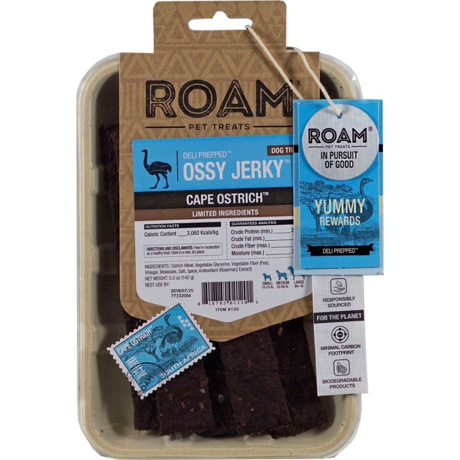 Roam Pet Treats, Roam Ossy Jerky Kap Strauß Deli Vorbereitet